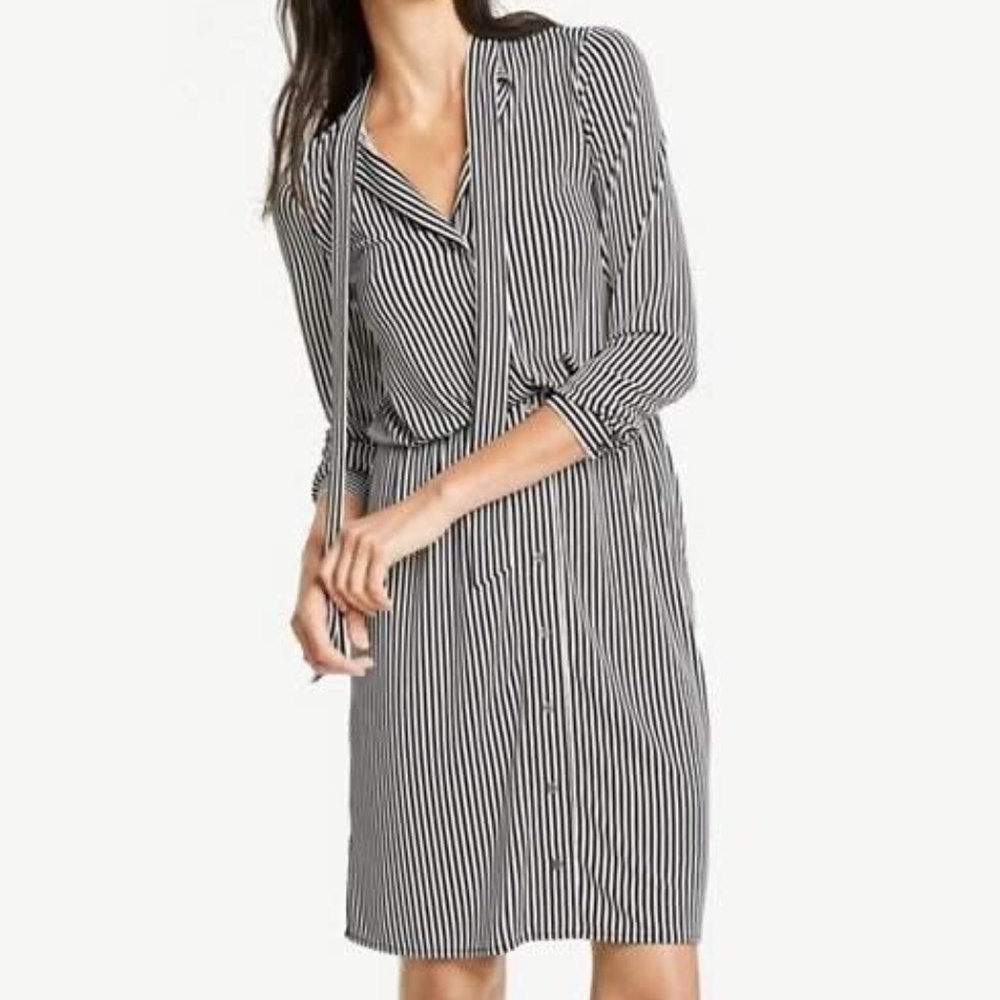 NEW Ann Taylor Pinstripe Neck Tie Jersey Shirt Dress Black White Women's size S
